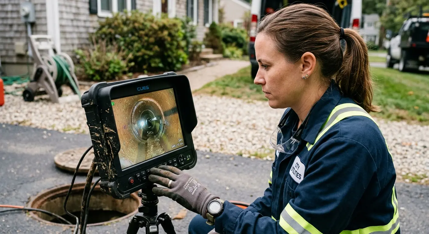 Technician reviewing sewer camera inspection footage in Fort Dodge