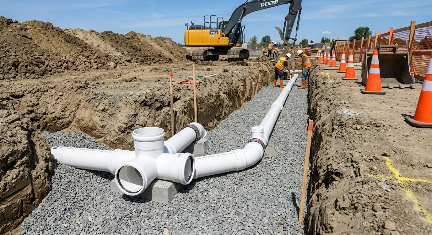 New PVC sewer pipe installation in open trench for Grease Trap Cleaning in Fort Dodge