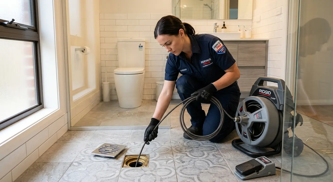 Technician clearing a bathroom floor drain for Sewer Line Installation in Fort Dodge